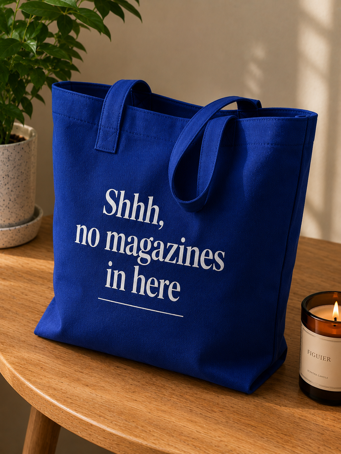 Shh, no magazines tote in royal blue